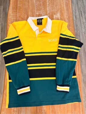Polo Ralph Laurent Inspired Yellow, Teal & Black Striped Rugby Polo. Size L